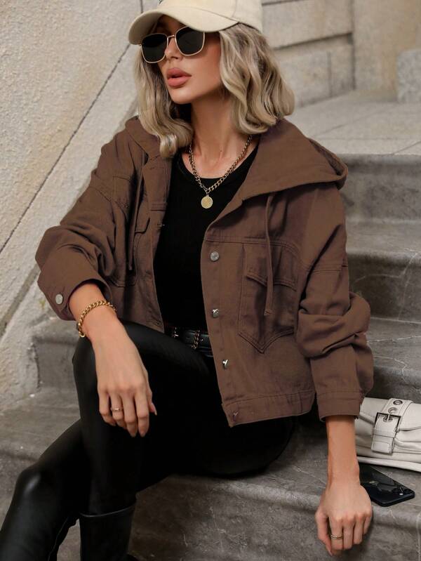 SHEIN Frenchy 翻蓋口袋落肩袖抽繩連帽牛仔夾克