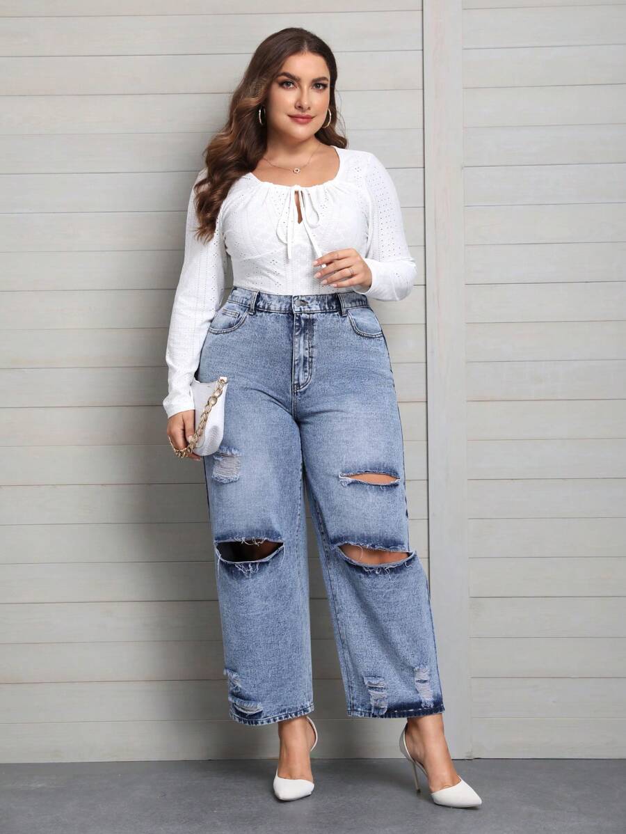 SHEIN Privé Hơn Cao eo Quần jean ống rộng rách - Màu xanh lam - Xem 1