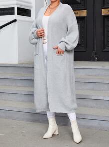 SHEIN Essnce 大码双口袋落肩开衫 - 灰色 - 查看 3