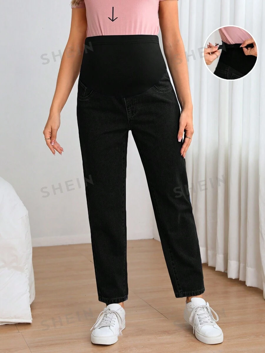 SHEIN Blugi gravide cu talie reglabilă și croială dreaptă - Negru - Vizualizare 1