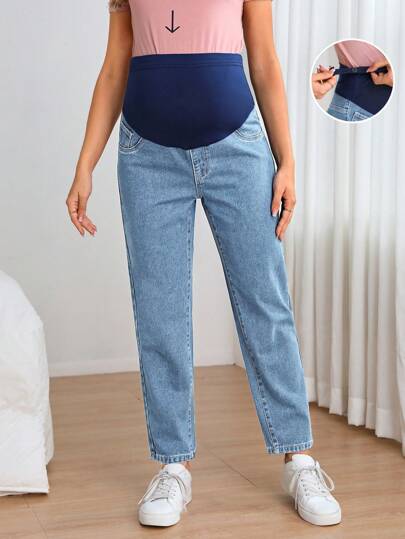 SHEIN 孕婦寬腰帶直筒牛仔褲