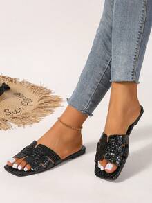 校園風格簡約風和多用途方頭女性拖鞋 - 黑色 - 查看 4