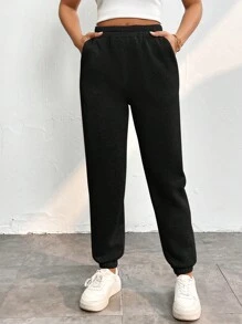 SHEIN PETITE Solid Slant Pocket Sweatpants - Black - View 6