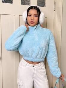 SHEIN Qutie Một nửa khóa kéo Thả vai Mùa vụ Teddy Áo nỉ - Màu xanh nhạt - Xem 6