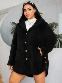 SHEIN EZwear Plus Button Front High Low Hem Hooded Teddy Coat - Black - View 1