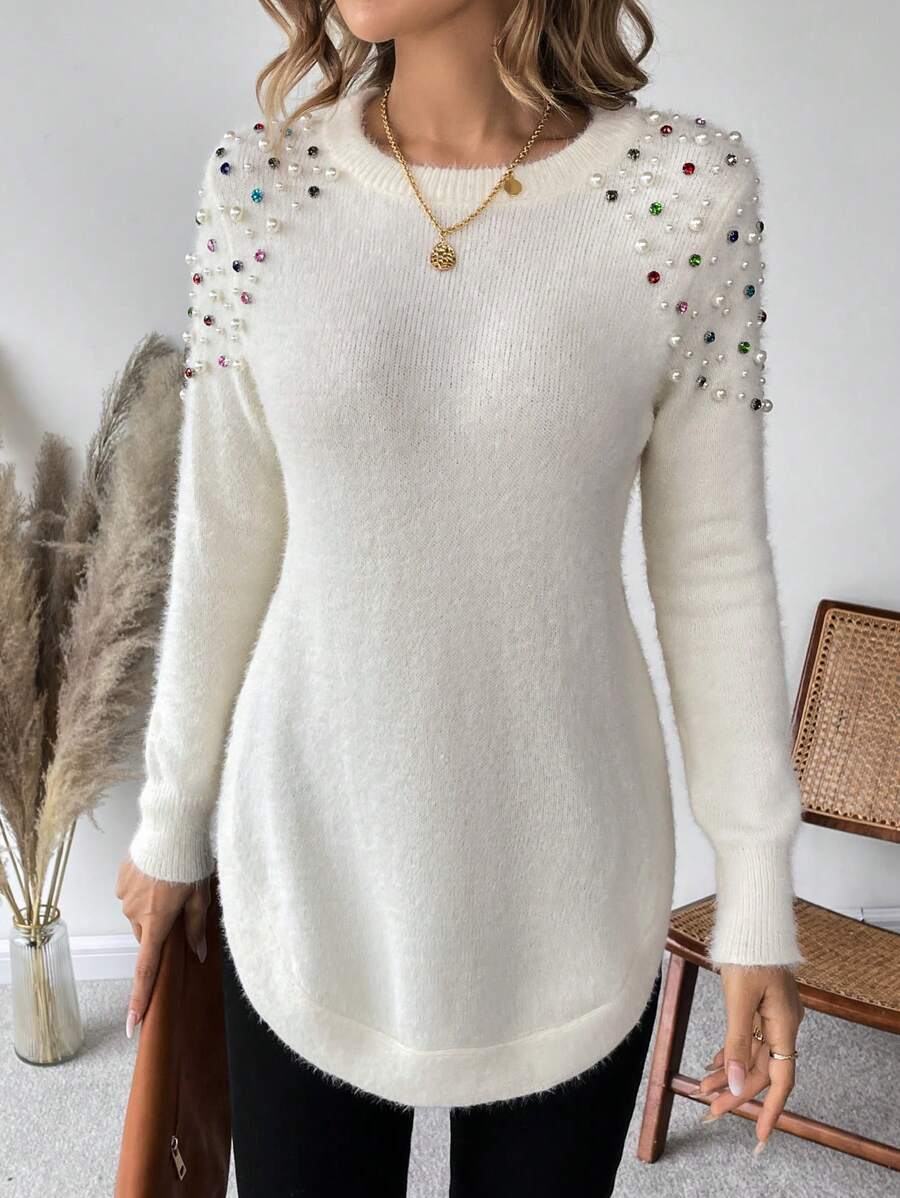SHEIN LUNE Faux Pearls Beaded Raglan Sleeve Curved Hem Knit Pullover Fall Winter Sweater - White - View 1