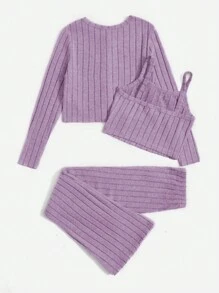 SHEIN Leap Crew Tween Girl Button Front Tee & Flare Leg Pants & Cami Top - Dusty Purple - View 2