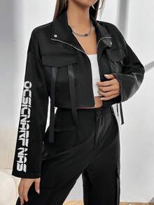 SHEIN Unity 字母印花拉链休闲短款长袖夹克 - 黑色 - 查看 6