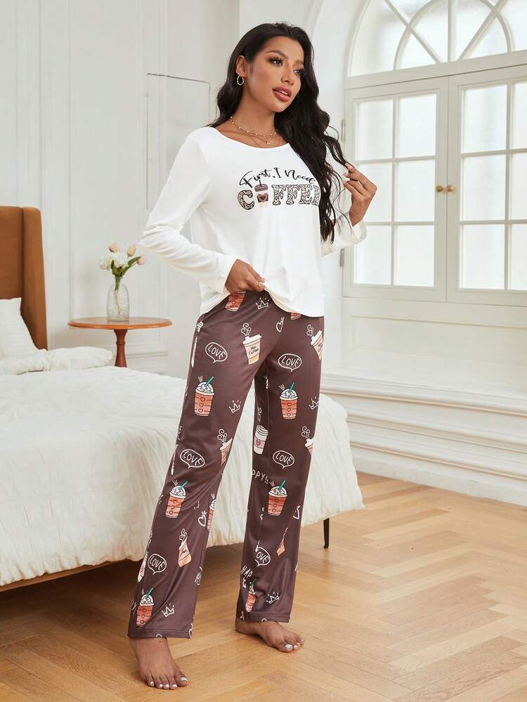 Slogan Graphic Tee & Cartoon Graphic Pants PJ Set - Coffee Brown - View 6