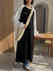 FRIFUL Letter Patched Raglan Sleeve Dress,Fall Clothes - Black - View 5