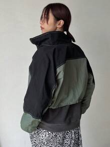 FRIFUL Two Tone Flap Pocket Drop Shoulder Zipper Jacket,Fall Clothes - Green - View 3