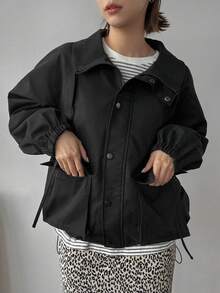 FRIFUL 插肩袖抽繩下擺抽繩下擺拉鍊按扣連帽夾克 - 黑色 - 查看 4