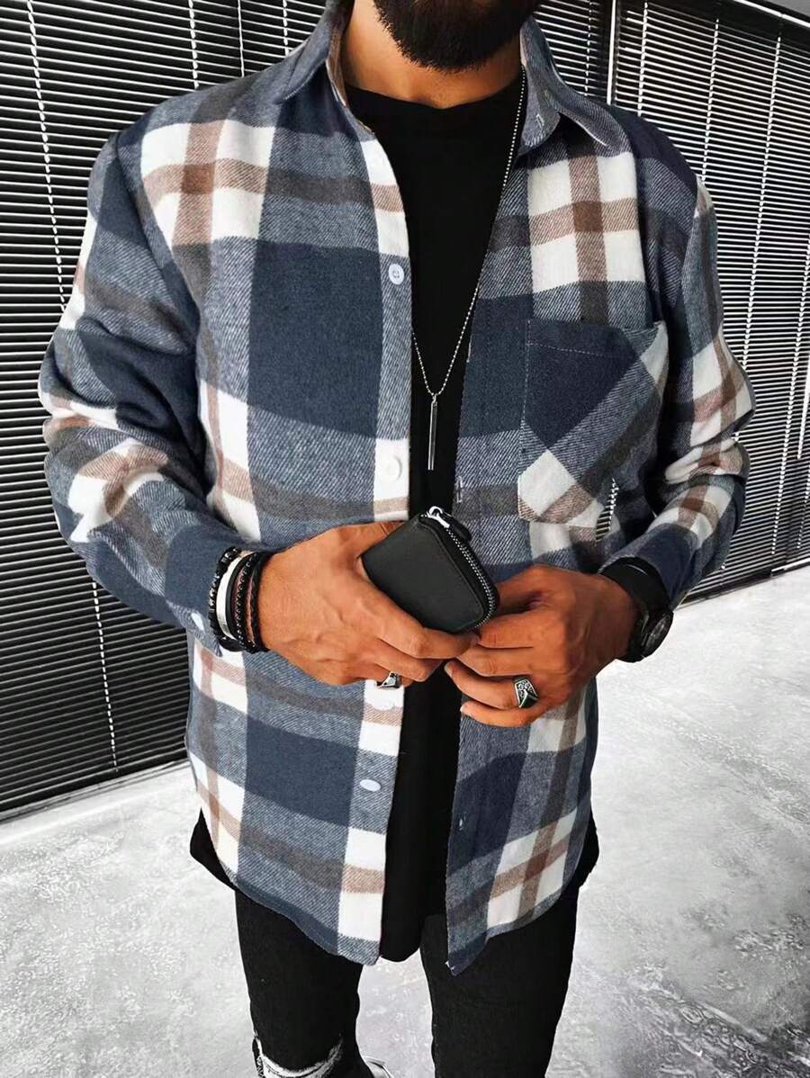 Manfinity Homme Men Plaid Print Pocket Patched Shirt - Navy Blue - View 1