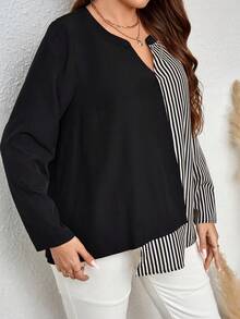 EMERY ROSE Talla grande Blusa con estampado de rayas bajo asimétrico - Blanco y Negro - Ver 5