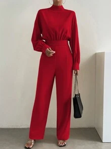 Chiquease Mock Neck Lantern Sleeve Wide Leg Jumpsuit - Burgundy - View 5