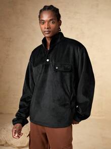 In My Nature Men Flap Detail Half Button Placket Velvet Sweatshirt