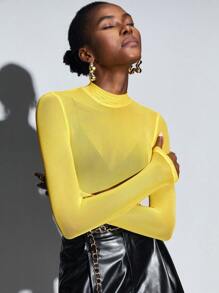 Maija Mock Neck Semi Sheer Mesh Top - Yellow - View 1