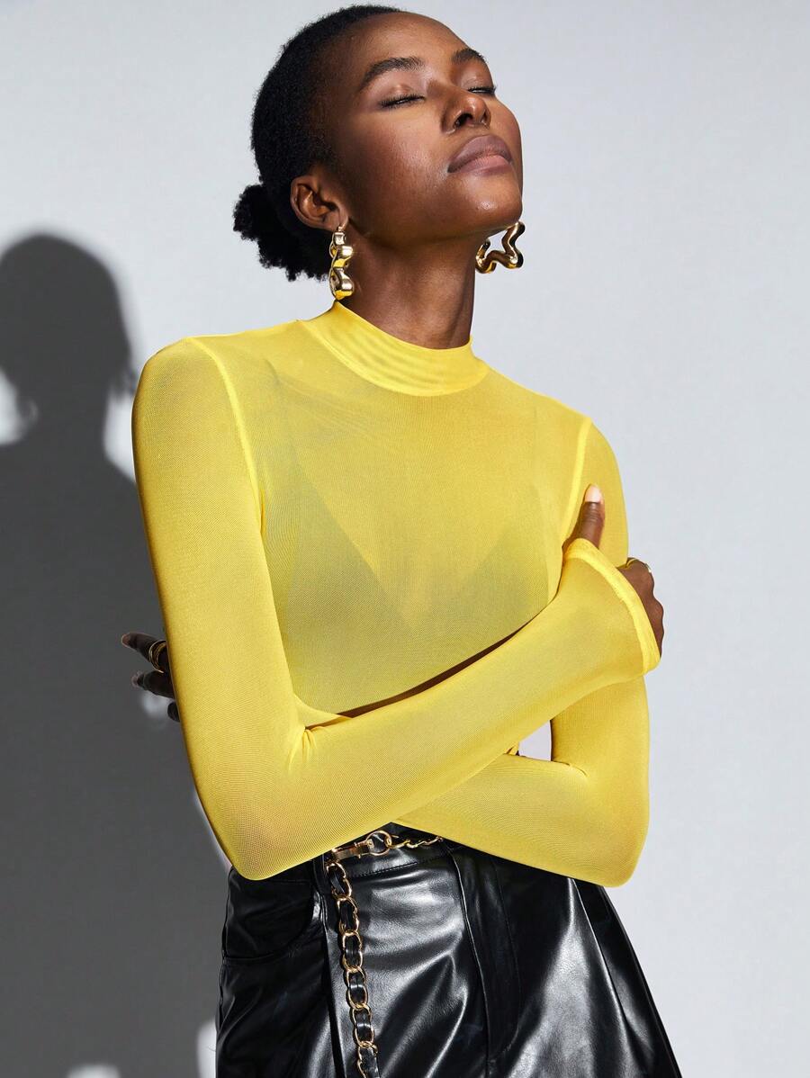 Maija Mock Neck Semi Sheer Mesh Top - Yellow - View 1