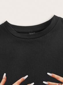 SHEIN EZwear Camiseta femenina de cuello redondo y manga corta con impresión a mano, ajuste estrecho para el tiempo libre - Negro - Ver 5