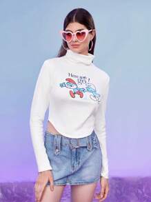 SHEIN X The Smurfs Cartoon Graphic High Neck Tee - White - View 6