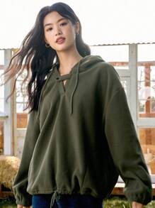 DAZY Chất rắn Viền kéo ra Thả vai Hoodie - xanh quân đội - Xem 1
