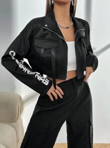 SHEIN Unity 字母印花拉链休闲短款长袖夹克 - 黑色 - 查看 4