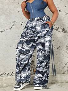 大碼迷彩印花側翻蓋口袋腰部抽繩工裝降落傘褲 - 彩色 - 查看 4