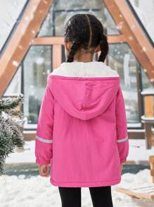 SHEIN Young Girl Contrast Tape Snap Button Hooded Coat,In Fall/Winter - Hot Pink - View 3