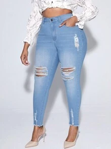 SHEIN SXY Plus High Waist Ripped Raw Hem Skinny Jeans - Light Wash - View 5