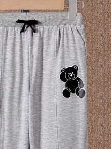 男大童小熊印花腰部抽繩衛褲 - 淺灰色 - 查看 6