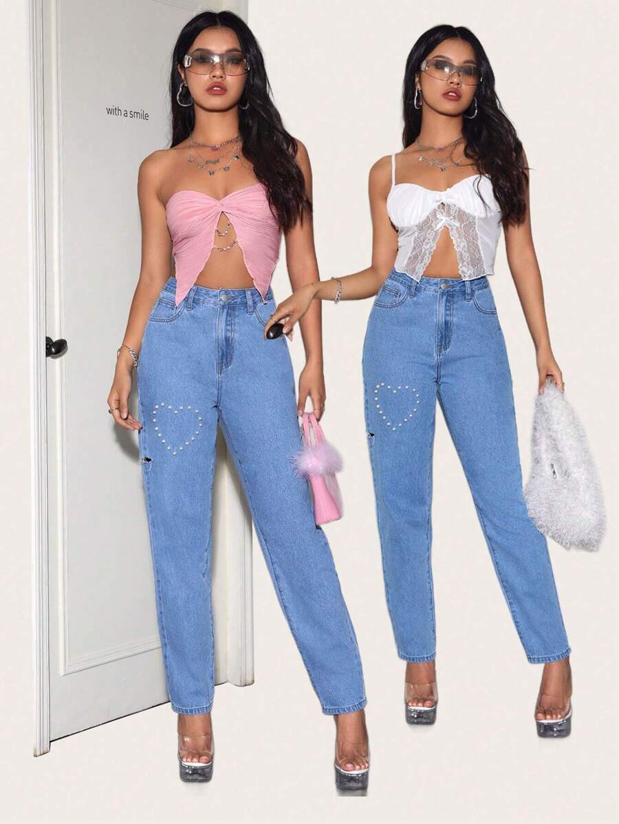 1pc High Waist Pearls Beaded Jeans