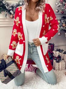 SHEIN LUNE Christmas Bear Pattern Dual Pocket Contrast Trim Dual Pocket Cardigan For New Year Clothes - Red - View 6