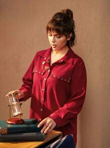 HARRY POTTER X SHEIN 字母圖案襯衫裙（大尺寸） - 酒紅色 - 查看 6