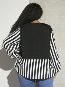 SHEIN CURVE+ 大碼條紋印花燈籠袖假兩件上衣 - 黑與白 - 查看 2