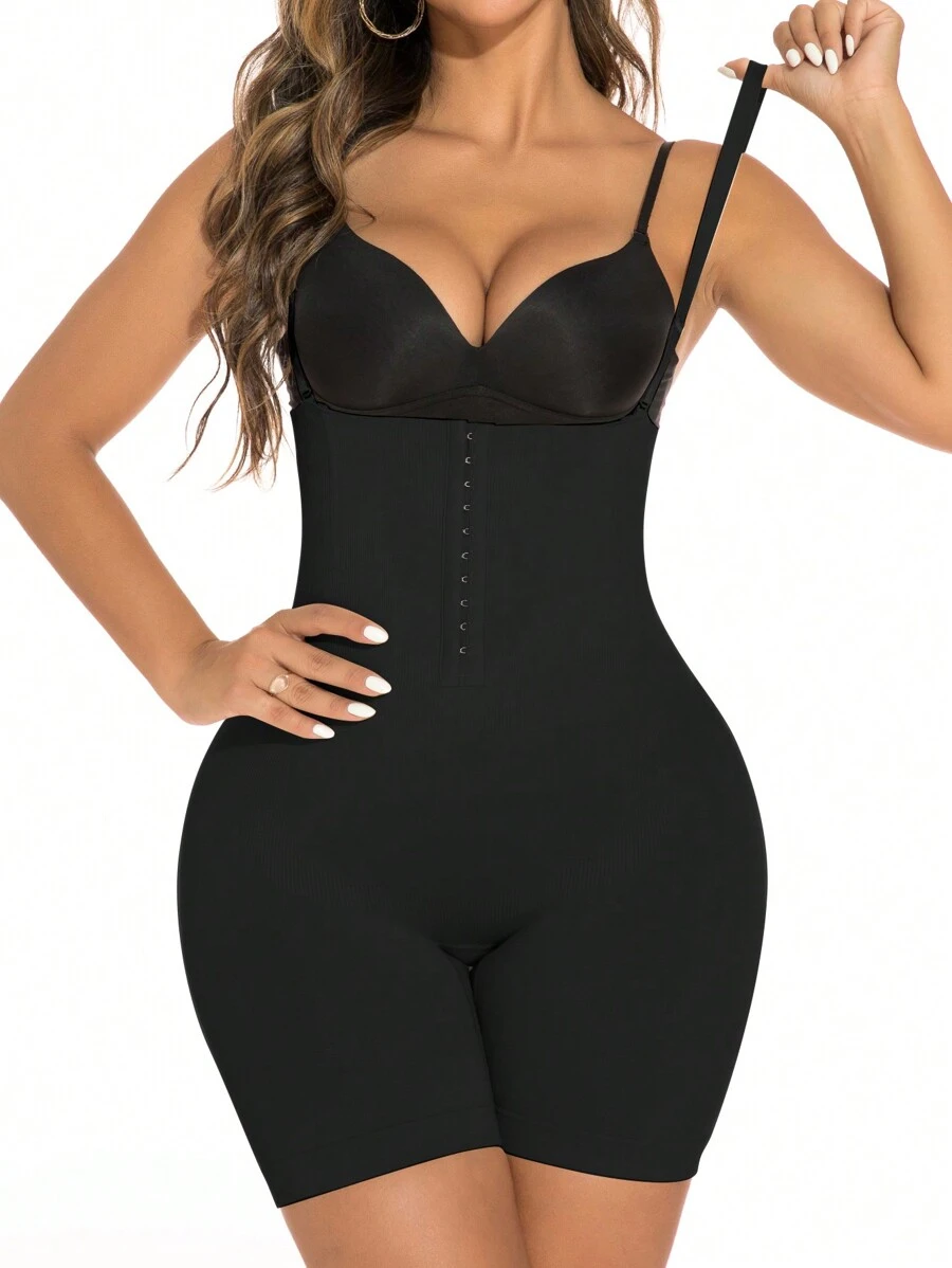 SHEIN Hook And Eye Shapewear Romper Without Liner - Black - View 1