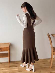 FRIFUL Solid Mermaid Hem Overall Dress Without Tee - Coffee Brown - View 3