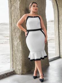 SHEIN Privé Plus Contrast Trim Ruffle Hem Cami Dress - Black and White - View 3