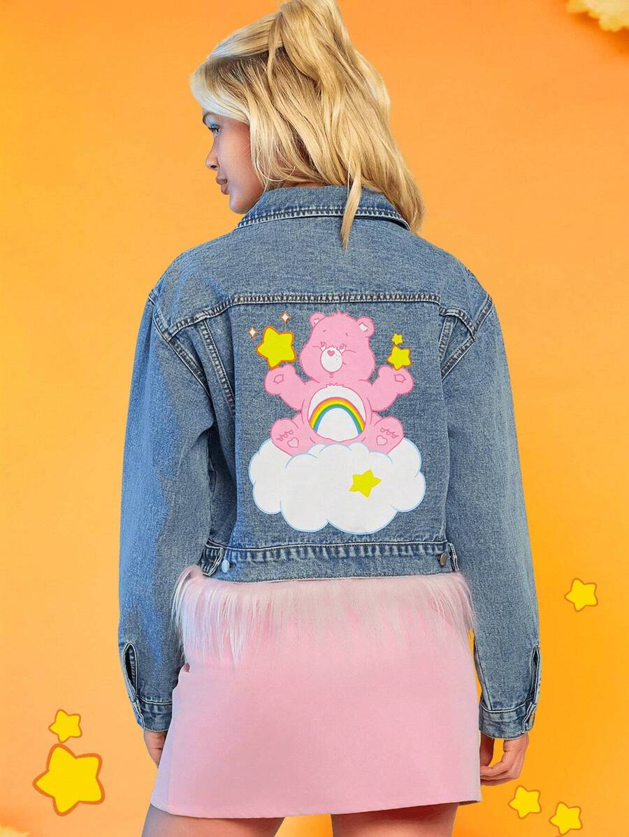 SHEIN X Care Bears Cartoon Graphic Flap Detail Denim Jacket - Blue - View 1