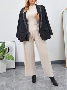 SHEIN Essnce Plus Mock Neck Tank Top & Wide Leg Pants - Apricot - View 6