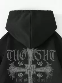 INAWLY Letter Graphic Drop Shoulder Drawstring Thermal Lined Hoodie - Black - View 3