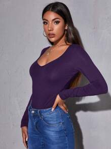 SHEIN Essnce 素色大圓領修身T恤 - 紫羅蘭色 - 查看 3