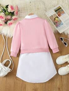 SHEIN 女小童熊&字母刺繡下擺開叉套頭衫和襯衫洋裝 - 彩色 - 查看 2