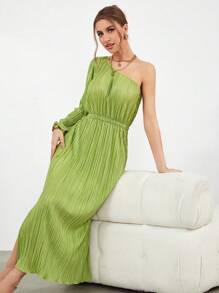 SHEIN Privé One Shoulder Lantern Sleeve Plisse Belted Dress - Green - View 6