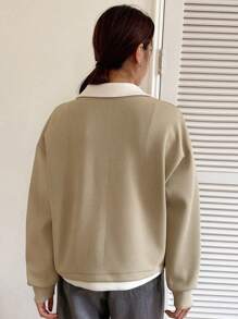 DAZY Women's Contrast Color Fleece Polo Collar Drop Shoulder Long Sleeve Casual Sweatshirt, Autumn - Khaki - View 7