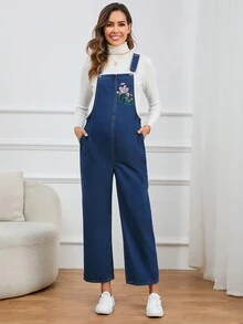 SHEIN 孕婦1入組花卉刺繡牛仔背帶褲 - 中等水洗藍 - 查看 5