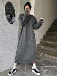 DAZY Solid Drop Shoulder Hooded Sweater Dress - Dark Grey - View 1