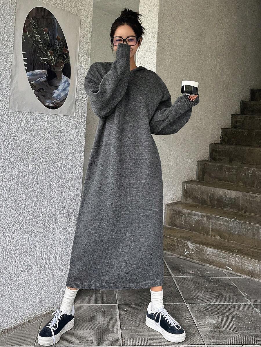 DAZY Solid Drop Shoulder Hooded Sweater Dress - Dark Grey - View 1