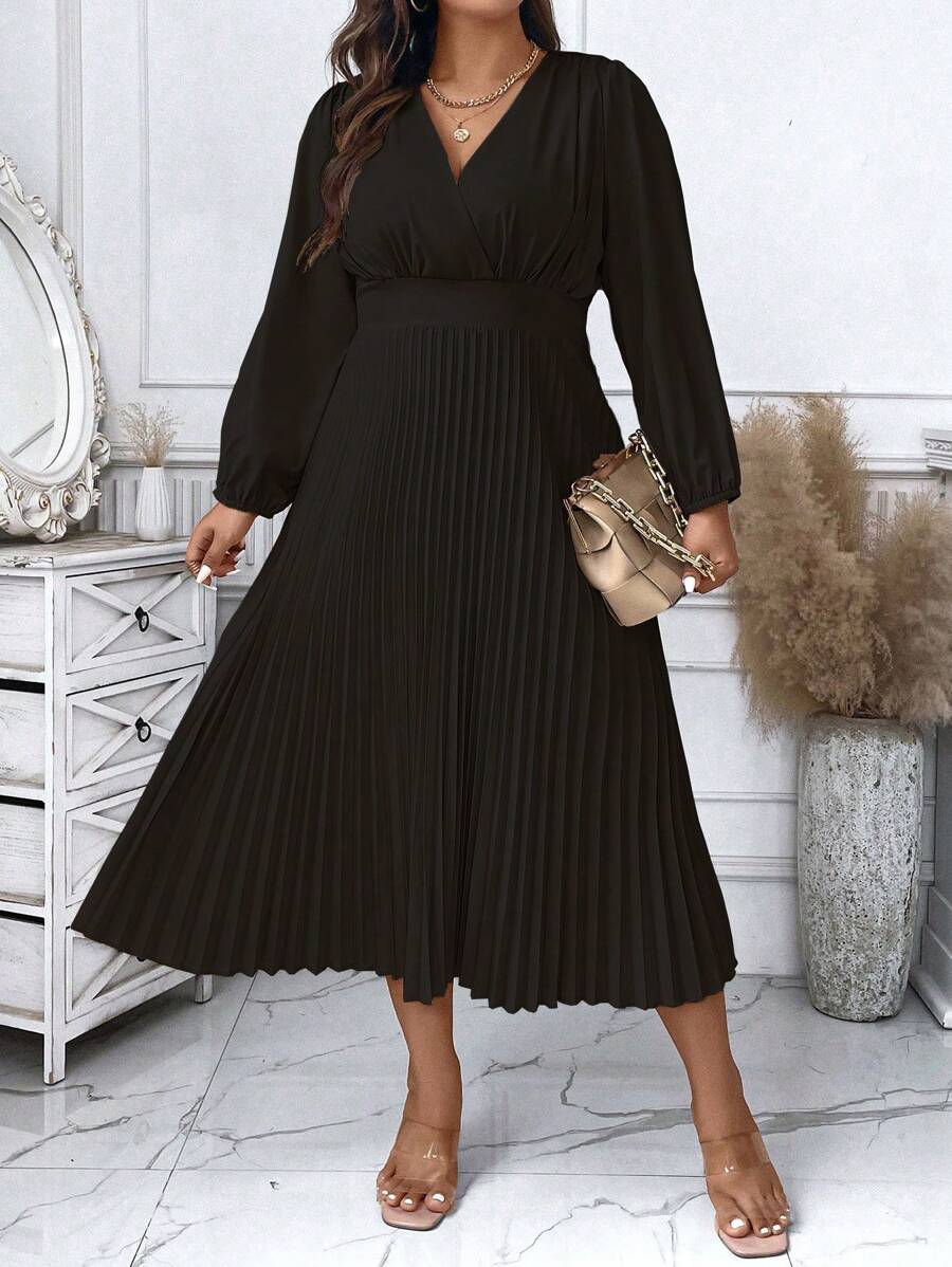 SHEIN Unity Plus Surplice Neck Pleated Hem Dress - Black - View 1