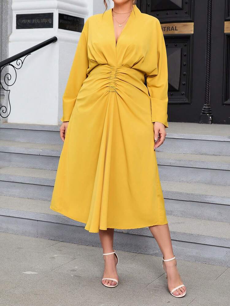 SHEIN Privé Talla grande Vestido de manga murciélago fruncido delantero - Amarillo - Añade 4