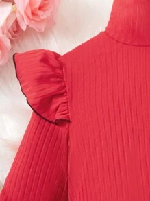 SHEIN Sparklyn 女大童荷葉邊高領T恤&紙袋腰腰帶長褲 - 紅色 - 查看 6